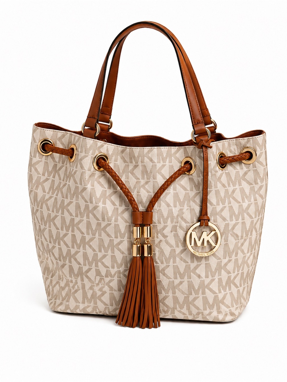 Michael Kors Jet Set Signature Drawstring Tote Bag Vanilla Brown Shoulder Purse - Picture 1 of 5